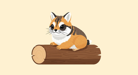 Cute cartoon creature sits on a textured wooden log