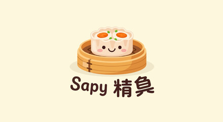 Cute cartoon dim sum in a bamboo steamer with text