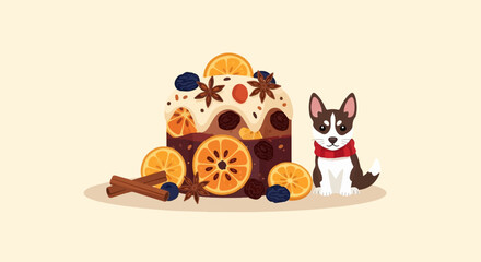 Cute cartoon dog and festive fruitcake with orange slices and cinnamon