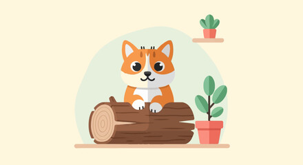Cute cartoon dog sitting on a log with potted plants