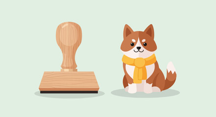 Cute cartoon dog with yellow scarf next to a wooden stamp