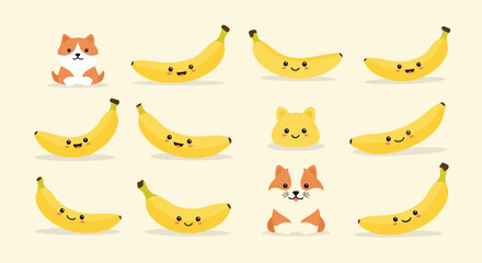 Cute cartoon dogs, cats, and bananas with happy faces on a light background