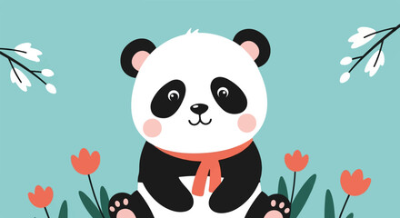 Cute cartoon panda with a coral scarf in a springtime setting