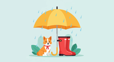 Cute dog and rain boot under umbrella during downpour
