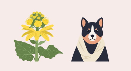 Cute dog and yellow flower illustration