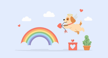 Cute dog angel with bow & arrow flies by rainbow, heart gift, plant