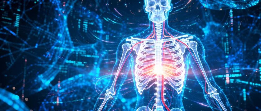Futuristic Digital Visualization of Human Skeletal and Circulatory Systems Against a Blue Tech Background with Holographic Data Streams