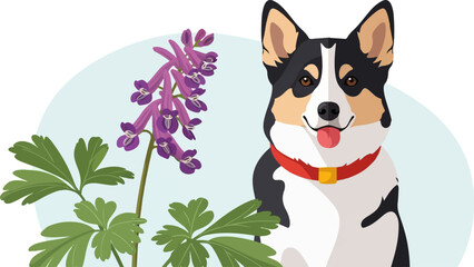 Cute dog with red collar sits next to purple flowers and green leaves