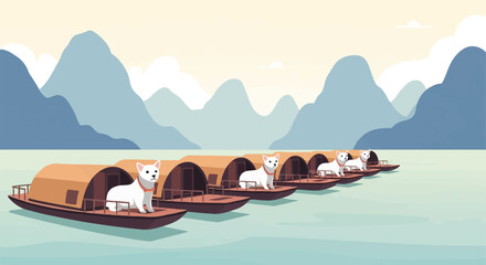 Cute dogs on boats floating on a calm lake with mountains backdrop