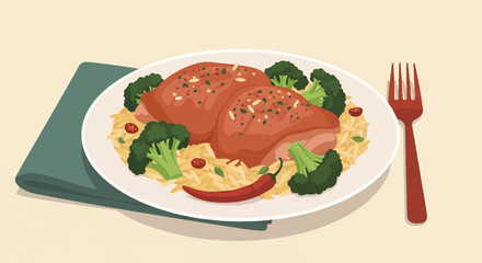 Delicious meal of roasted chicken, rice, broccoli, and chili pepper