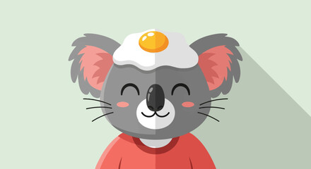 Cute grey koala wearing a red shirt with a fried egg on its head