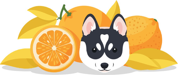 Cute husky dog face with oranges and yellow leaves, flat design