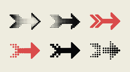 Pixelated Arrows Set Pointing Right with Halftone Dots and Solid Styles