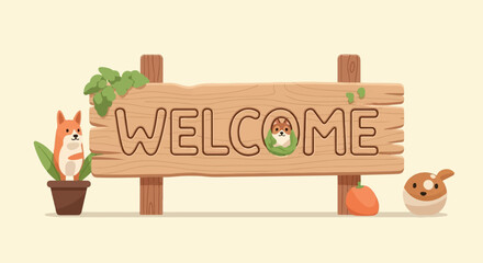 Cute pixel art wooden sign with friendly dogs and a whimsical character