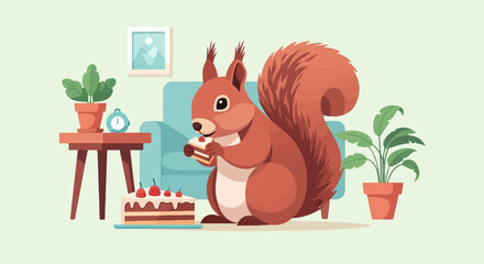 Cute squirrel enjoying a slice of cake in a cozy living room