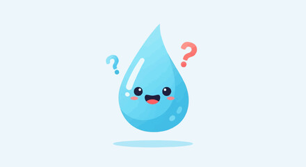 Cute water drop character with question marks, looking confused