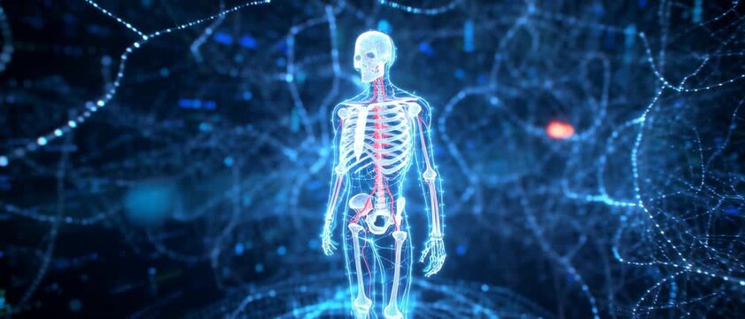 Digital Human Skeleton Visualization in Futuristic Blue Neural Network Environment for Medical Science Education