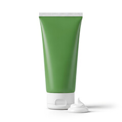 A tube of green-colored cream with a white substance squeezed out