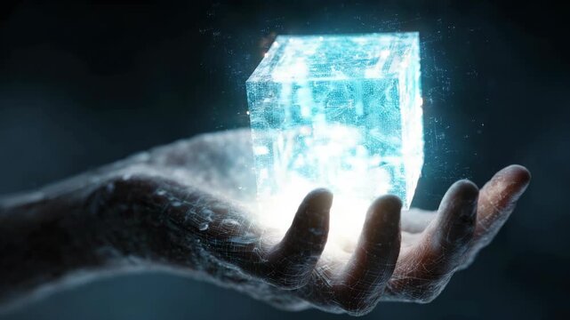Futuristic hand holding glowing digital cube technology innovation artificial intelligence virtual reality cyber concept blue light modern science creative imagination mysterious atmosphere