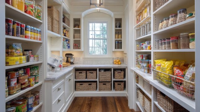 Organized home pantry with shelves, canned goods, baskets, and natural light