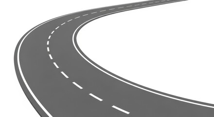 Curved Asphalt Road with Dashed White Lines Isolated on White Background