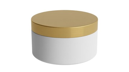 White cosmetic cream jar with golden lid, round plastic container for skincare product, isolated on white