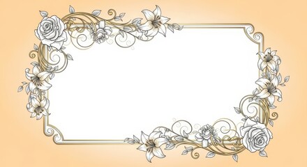 Elegant Gold Floral Frame with Vintage Roses and Lilies, Decorative Border Design