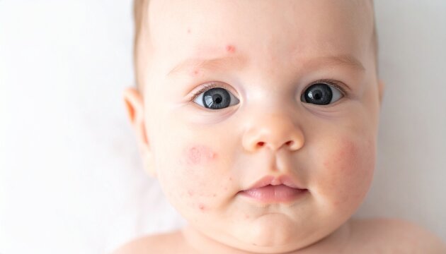 Close-up portrait of a baby's face with a few red spots and blemishes, highlighting delicate skin and innocent features, captured in a bright, clean studio setting