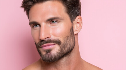 Fototapeta premium Sun kissed warm male facial tone captured in soft deep light, close up portrait of bearded man with clear skin and thoughtful expression on pastel pink background