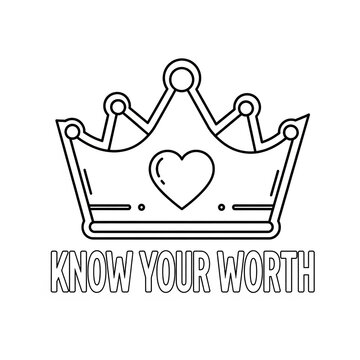 Know your worth coloring illustration for self care activities featuring a royal crown with central heart symbol for empowerment