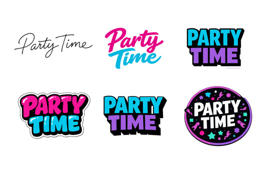 Colorful party time text variations in different typography styles