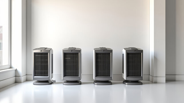 Space heaters arranged side by side for comparison in showroom. White graphite color scheme for modern catalog style