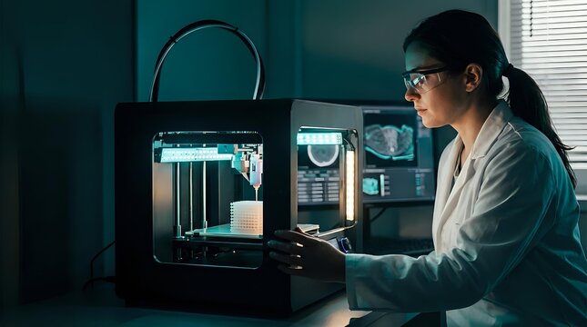 Young Asian female engineer operating modern 3D printer in laboratory workspace, focused on additive manufacturing technology for prototyping and production.