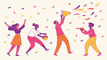 Vibrant holi festival celebration with joyful people throwing colorful powder and confetti in festive atmosphere