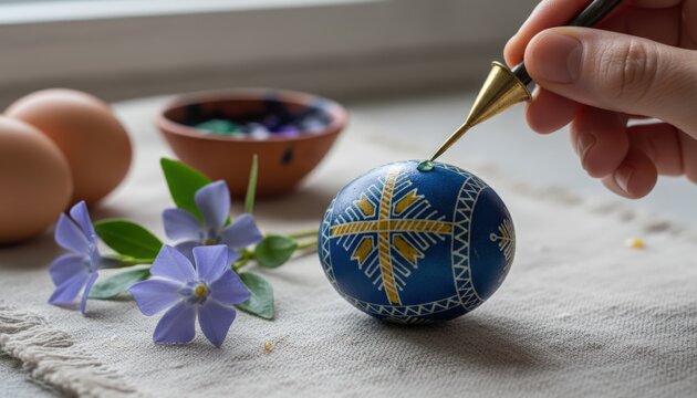 Hand decorating traditional blue Easter egg with wax stylus and flowers