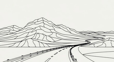 Minimalist Line Art Drawing of Winding Desert Road Through Mountains Landscape