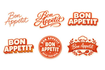 Bon appetit logo collection with culinary themes and vibrant typography
