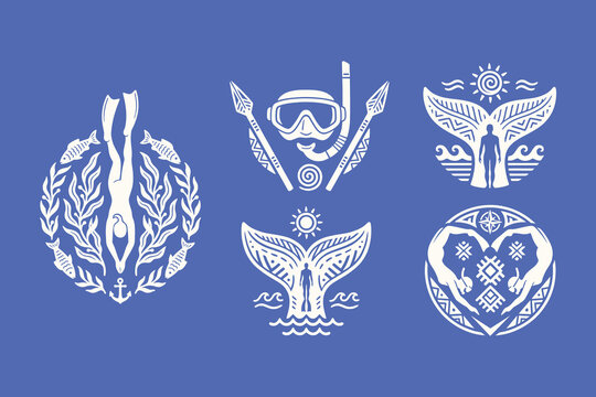 Abstract Tribal Ocean Adventure and Diving Vector Icon Set