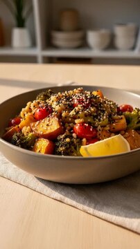 Warm bowl of roasted vegetables and grains with cherry tomatoes and broccoli, healthy meal prep for home kitchen, cozy autumn comfort food for Thanksgiving