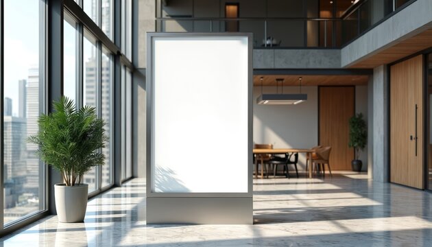 Empty vertical billboard inside modern office lobby with city view windows. Contemporary workplace with plants, meeting area, wood doors. Blank screen for ads or info.