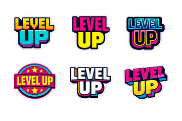 Colorful retro 'level up' gaming sticker set with bold typography