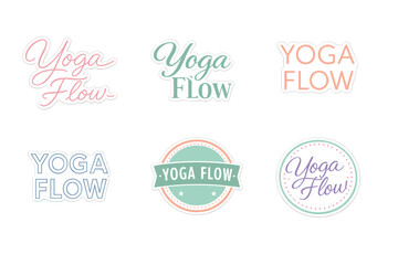 Colorful yoga flow stickers collection in various font styles