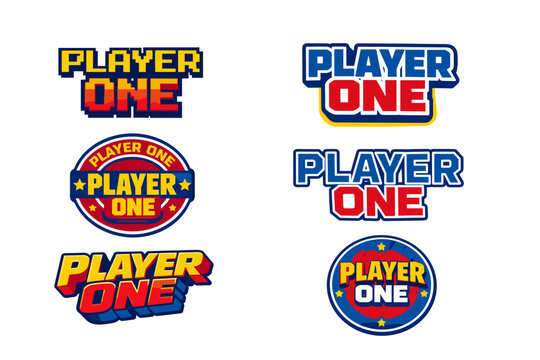 Retro gamer player one logo designs with bold colors and vintage style