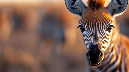 Fototapeta premium Young zebra foal portrait with distinctive black and white stripes looking directly at camera during golden hour safari wildlife photography.
