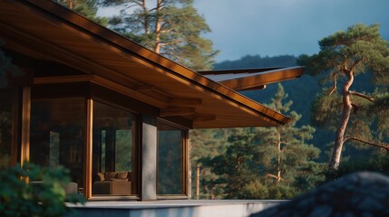 Fototapeta premium A modern cabin featuring a sustainable wooden roof that provides effective reflective thermal insulation, showcasing energy efficiency and eco-friendly design elements in a serene forested setting.