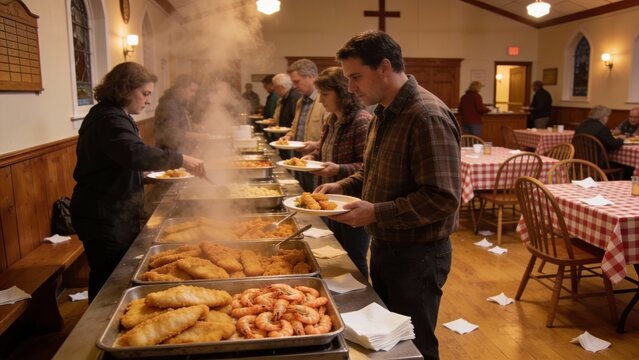 Community church buffet line, diverse men and women adults serving hot fried fish and sides, warm fellowship mood and charity meal, Lent and Easter season gathering