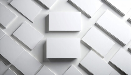 Top-down view of multiple stacks of blank white business cards arranged in a geometric pattern on a clean white surface, with two cards centered.