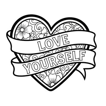 Love yourself heart and ribbon design with intricate floral patterns for mindful self-care and positivity