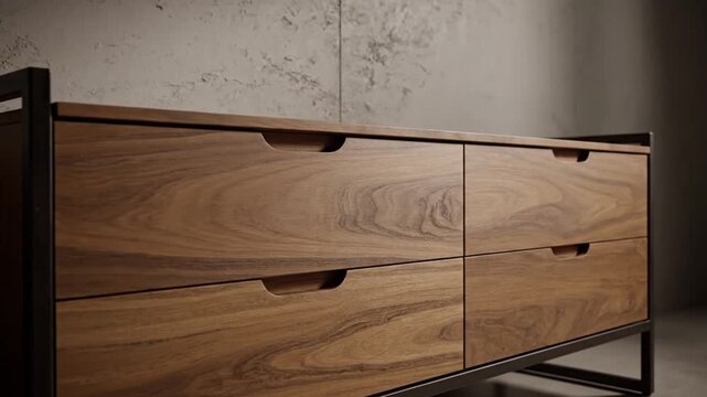 Modern wooden dresser with drawers.