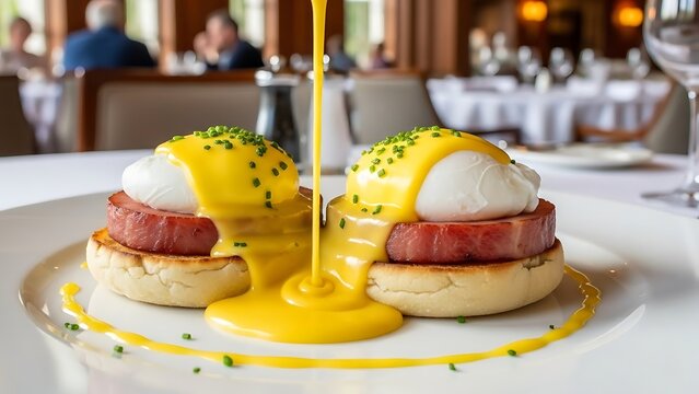 Delicious eggs benedict with hollandaise sauce and ham on english muffin in restaurant